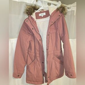 Dusty Rose Coat with Faux Fur Hood